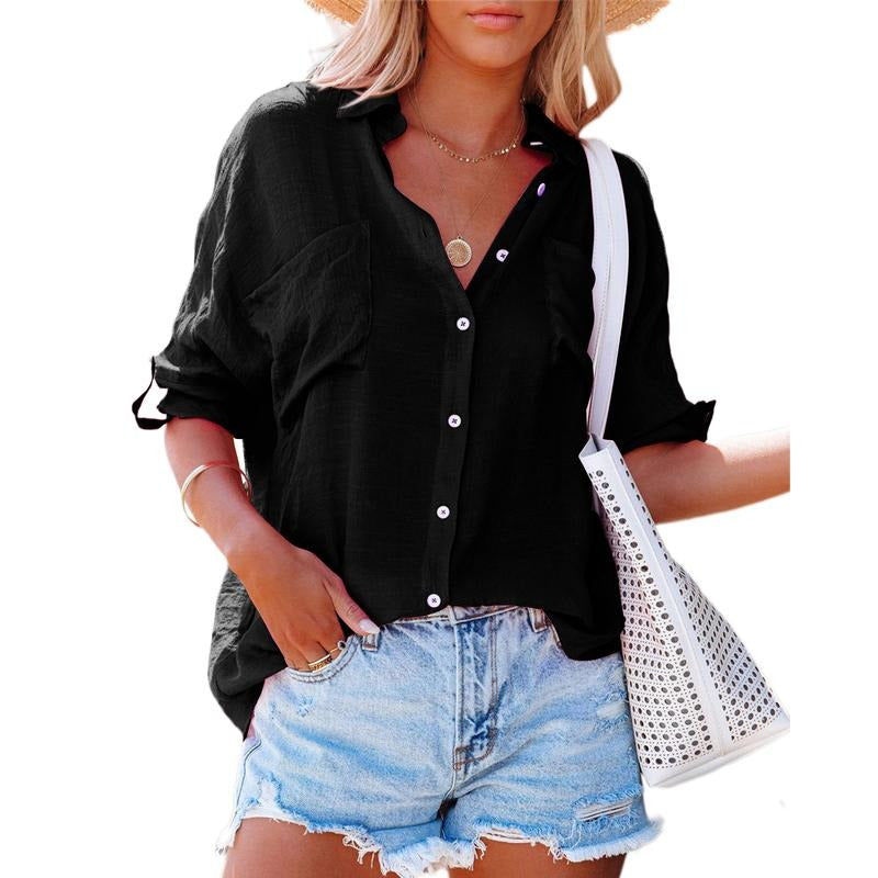 Women'WB shield Shirt Summer Casual V-neck Roll Sleeve Pocket Loose Fitting Shirt Hoodie, Sweatshirt | DripVista.com