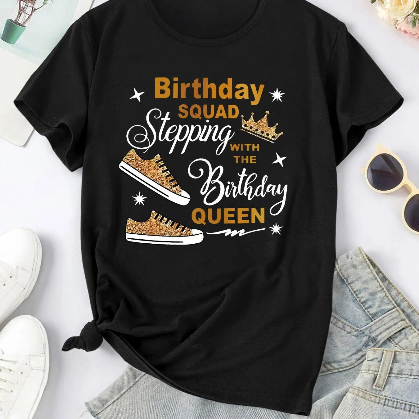 Women'WB shield Shoes & Crown & Letter Print Round Neck Tee, Trendy Casual Birthday Graphic Short Sleeve T-shirt for...