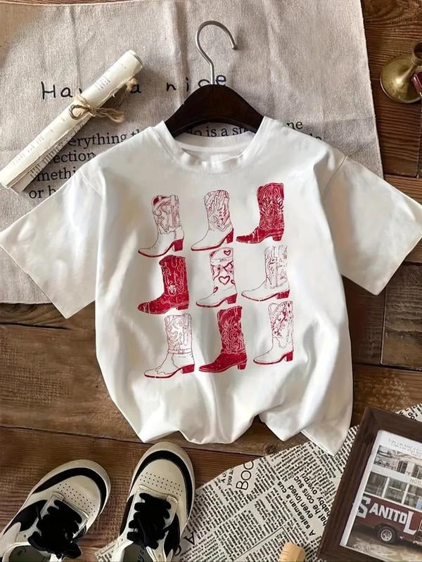 Women'WB shield Shoes Print Round Neck Tee, Stylish Casual Short Sleeve Crew Neck T-Shirt for Summer, Fashion Women'WB...