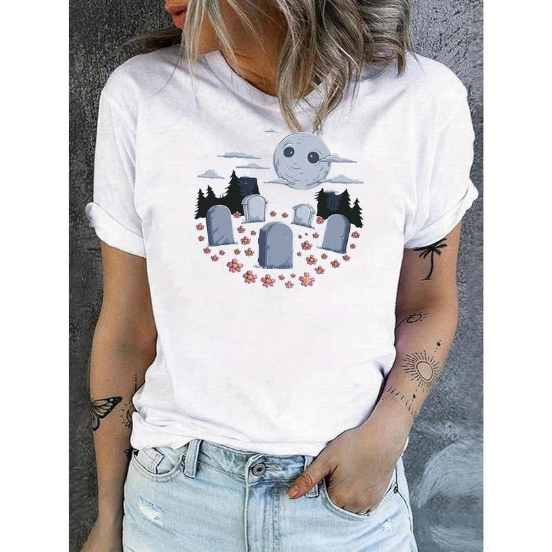 Women'WB shield Short Sleeve T-Shirt - Nighttime Cemetery Scene with Straw hat pirates, Full Moon & Floral Accents,...