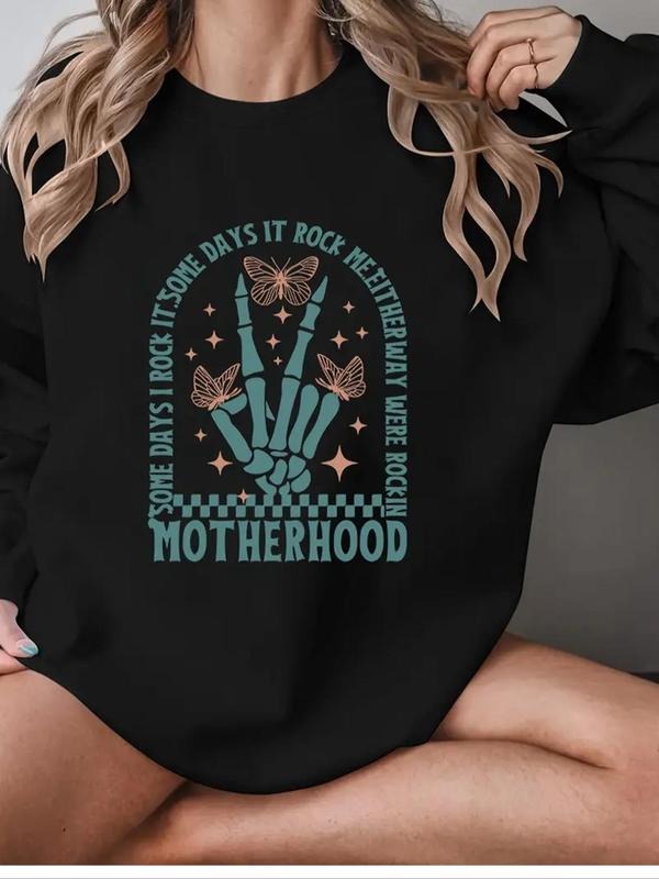 Women'WB shield Skeleton & Butterfly Print Round Neck Pullover, Fashion Casual Crew Neck Sweatshirt for Daily Holiday...
