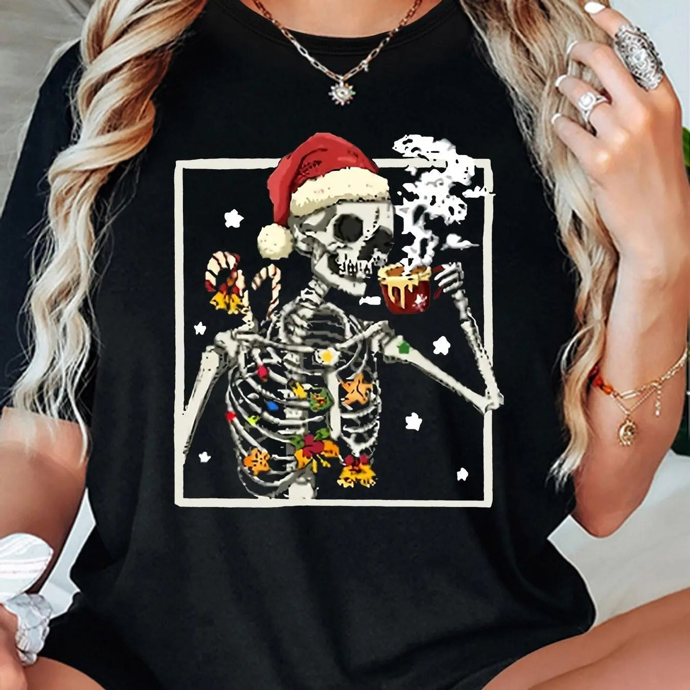 Women'WB shield Skeleton & FOG Print Drop Shoulder Tee, Casual Short Sleeve Round Neck T-shirt for Summer, Fashion...