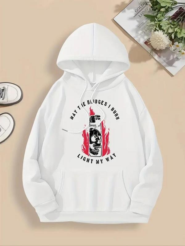 Women'WB shield Skeleton & Letter Print Drop Shoulder Hoodie, Fashion Casual Drawstring Pocket Hooded Sweatshirt for...
