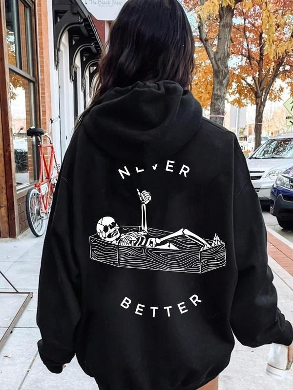 Women'WB shield Skeleton & Letter Print Drop Shoulder Hoodie, Fashion Casual Drawstring Pocket Hooded Sweatshirt for...