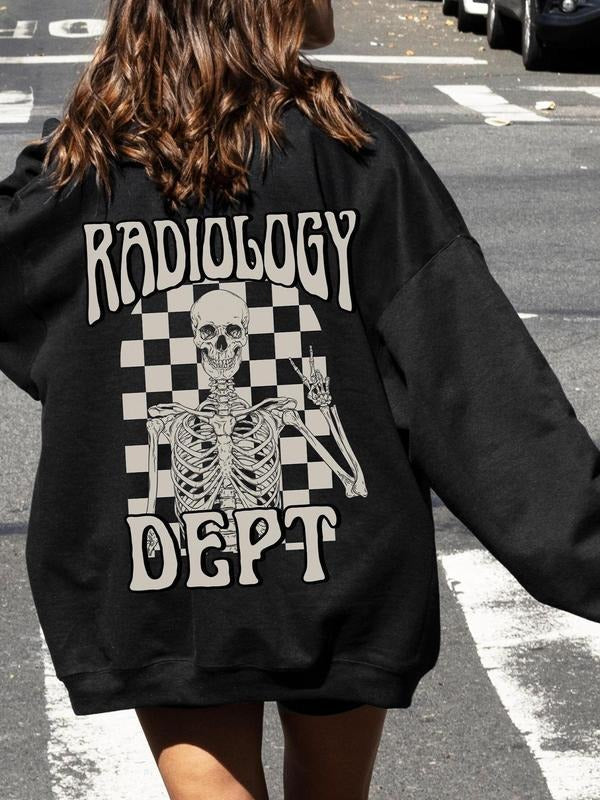 Women'WB shield Skeleton & Letter Print Graphic Sweatshirt, Casual Long Sleeve Crew Neck Pullover for Fall & Winter,...