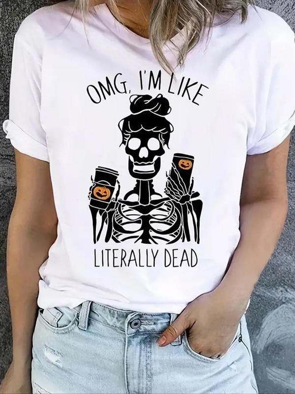 Women'WB shield Skeleton & Letter Print Round Neck Tee, Trendy Casual Short Sleeve T-Shirt for Daily Wear, Ladies Summer...