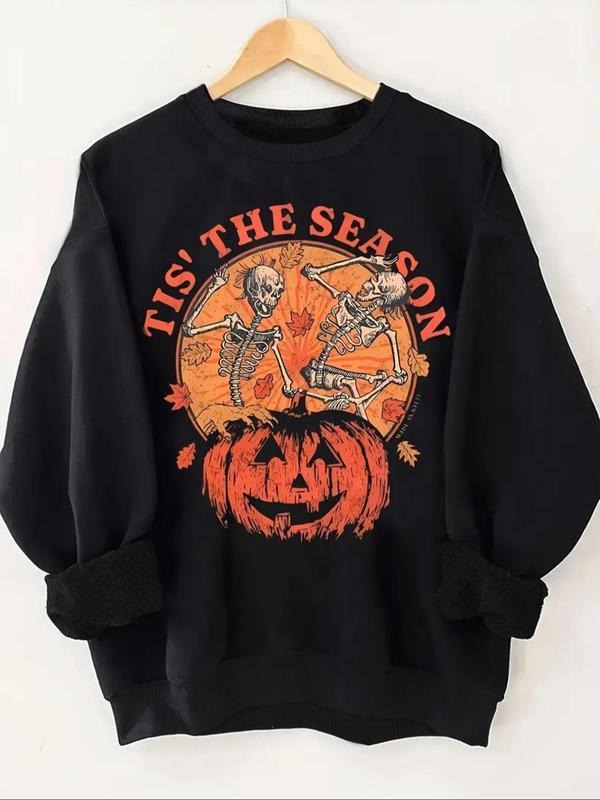 Women'WB shield Skeleton & Pumpkin Print Round Neck Sweatshirt, Casual Letter Graphic Long Sleeve Pullover for Fall &...