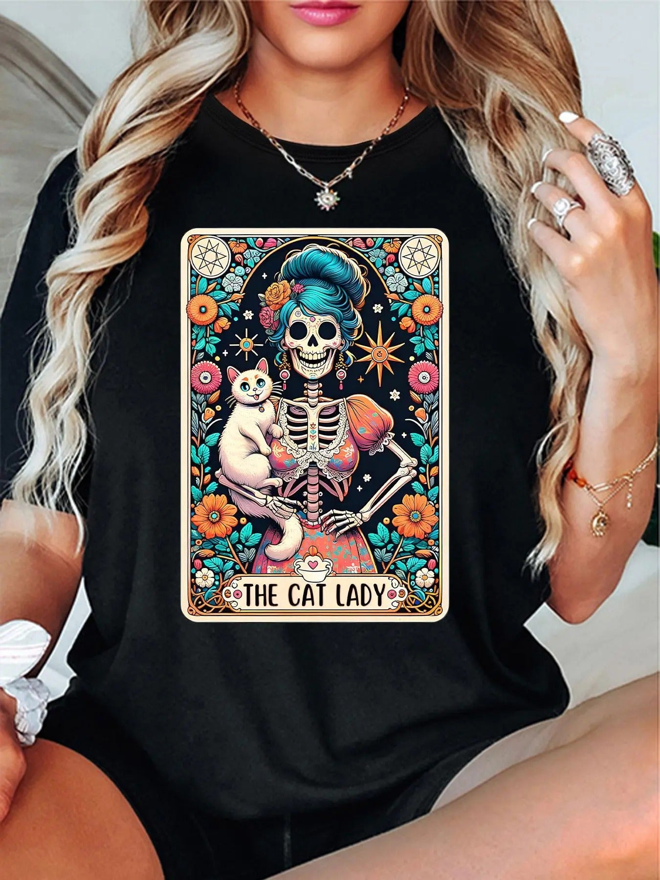 Women'WB shield Skeleton Girl & Cat Print Round Neck Tee, Fashion Casual Short Sleeve T-shirt for Daily Wear, Ladies...