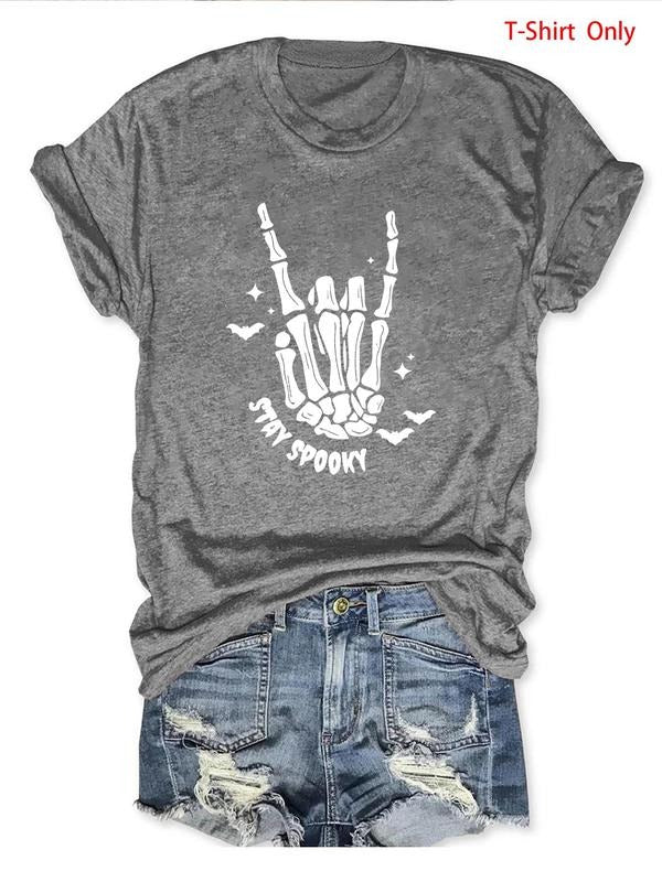 Women'WB shield Skeleton Hand & Letter Print Round Neck Tee, Fashion Casual Crew Neck T-shirt for Daily Holiday Vacation...
