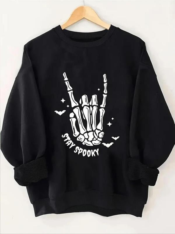 Women'WB shield Skeleton Hand & Letter Print TNF Lined Round Neck Sweatshirt, Casual Long Sleeve Crew Neck Pullover for...