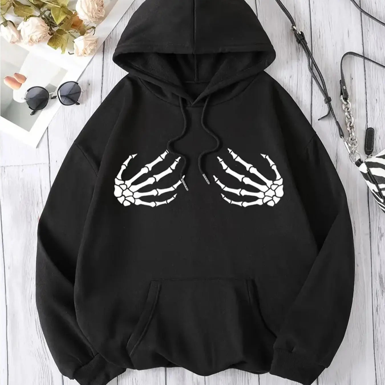 Women'WB shield Skeleton Hand Print Drop Shoulder Hoodie, Fashion Casual Drawstring Pocket Hooded Sweatshirt for Daily Holiday Outdoor Wear, Women Clothing for Fall & Winter