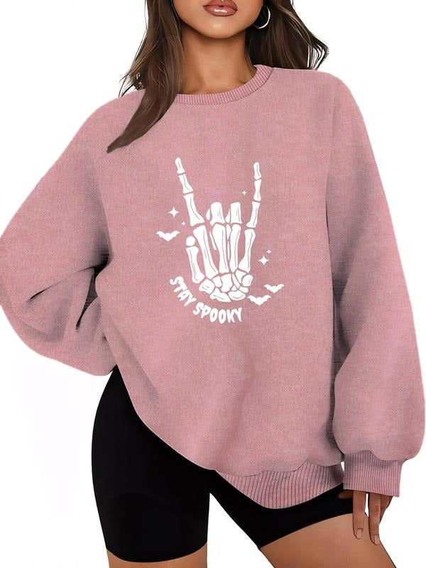 Women'WB shield Skeleton Hand Print Drop Shoulder Sweatshirt, Casual Halloween Long Sleeve Round Neck Pullover for Daily...