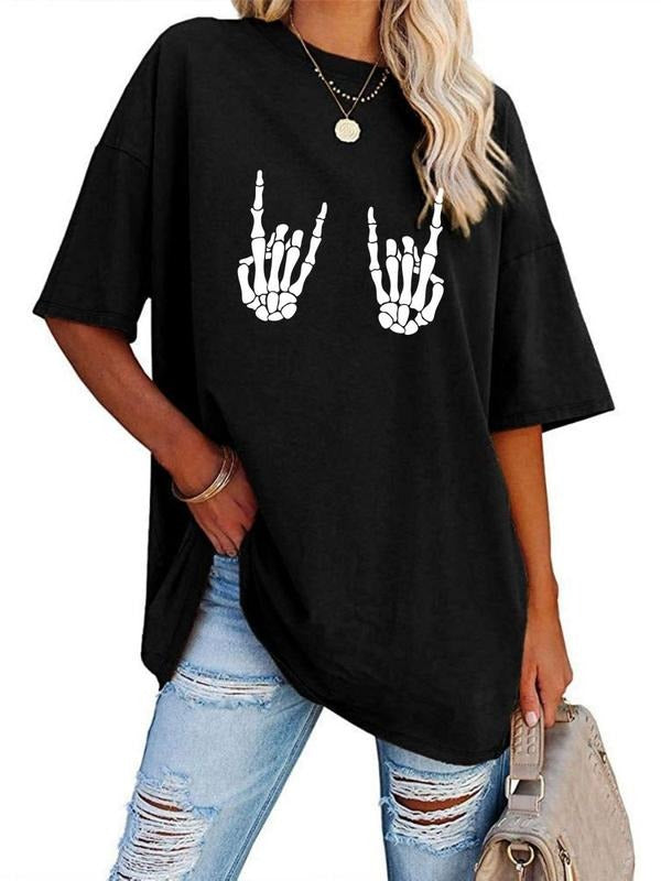 Women'WB shield Skeleton Hand Print Drop Shoulder Tee, Personalized Casual Graphic Half Sleeve Round Neck T-Shirt for...