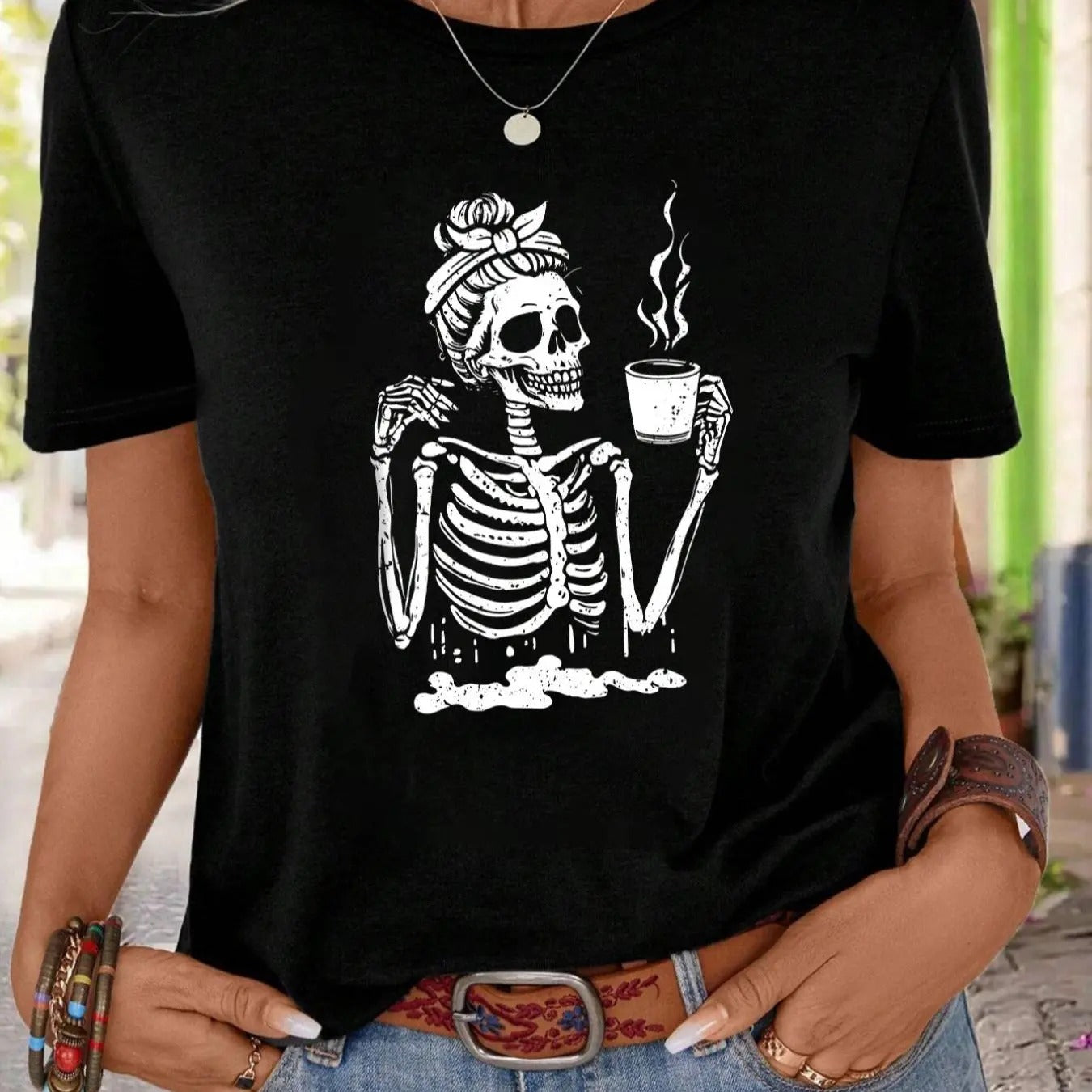 Women'WB shield Skeleton Print Round Neck Tee, Fashion Casual Short Sleeve Crew Neck T-shirt for Daily Holiday Vacation...