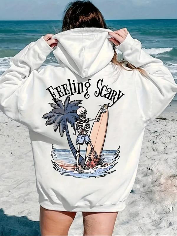 Women'WB shield Skeleton Surfing & Letter Print Drop Shoulder TNF Lined Hoodie, Fashion Casual Drawstring Pocket Hooded...