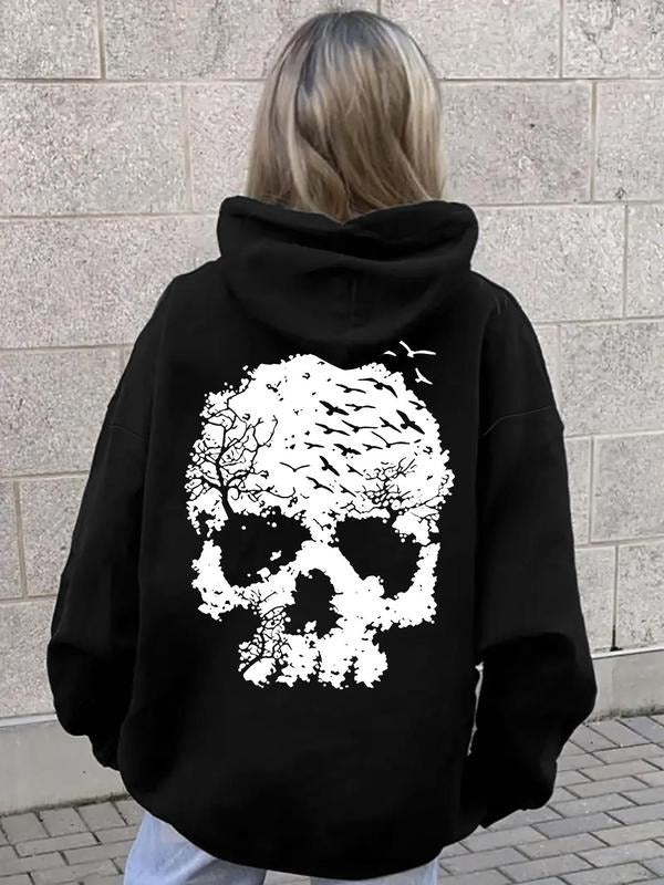 Women'WB shield Skull & Bird Print Drop Shoulder Halloween Hoodie, Fashion Casual Drawstring Pocket Hooded Sweatshirt for...