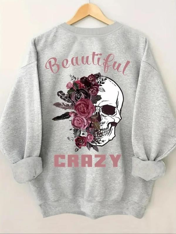 Women'WB shield Skull & Floral Print Round Neck Sweatshirt, Casual Letter Print Long Sleeve Pullover, Women'WB shield...