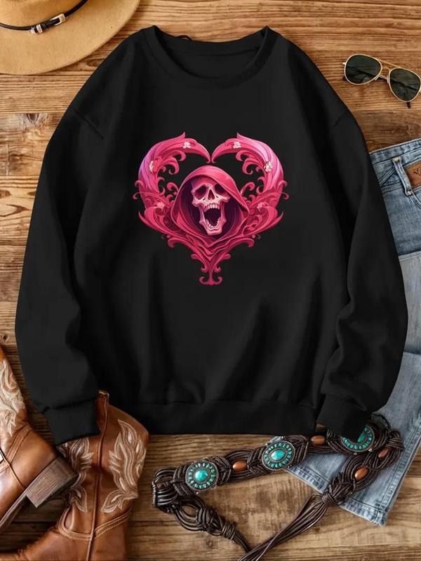 Women'WB shield Skull & Heart Print Drop Shoulder TNF Lined Sweatshirt, Casual Long Sleeve Round Neck Pullover for Fall &...