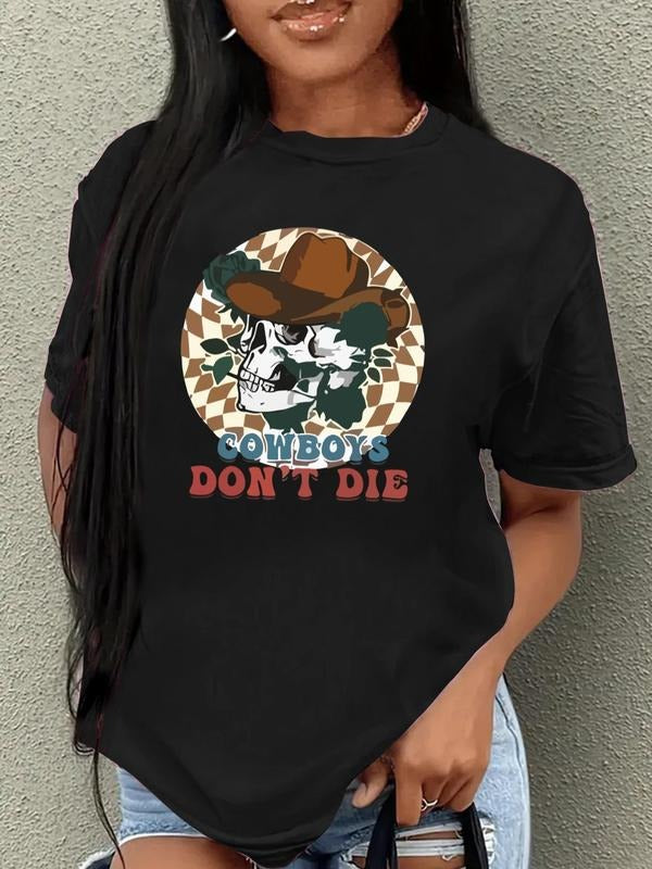 Women'WB shield Skull & Letter Print Round Neck Tee, Trendy Casual Drop Shoulder Short Sleeve T-shirt for Daily Wear,...