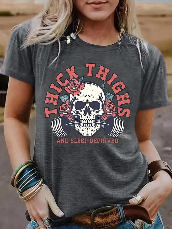 Women'WB shield Skull & Rose Print Round Neck Tee, Vintage Trendy Casual Short Sleeve T-shirt for Daily Wear, Ladies...