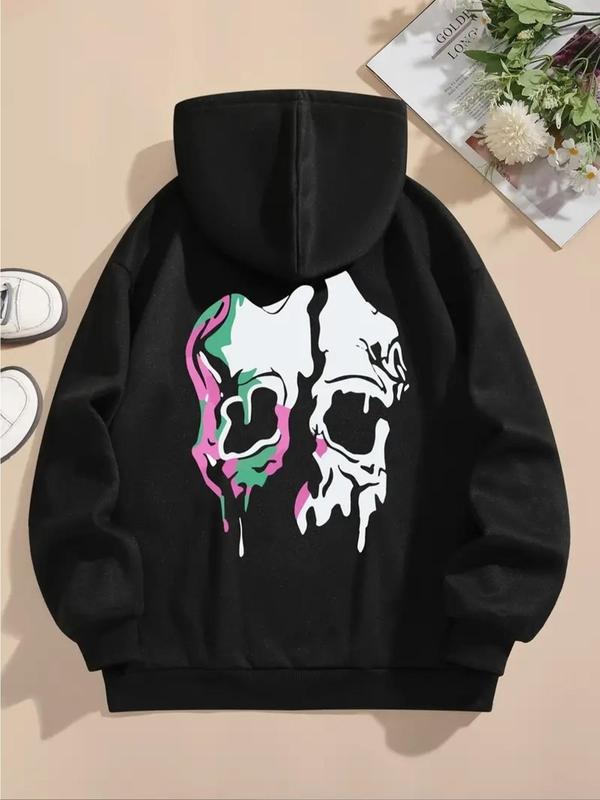 Women'WB shield Skull Print Drawstring Pocket Hoodie, Fashion Casual Drop Shoulder Hooded Sweatshirt for Daily Holiday...