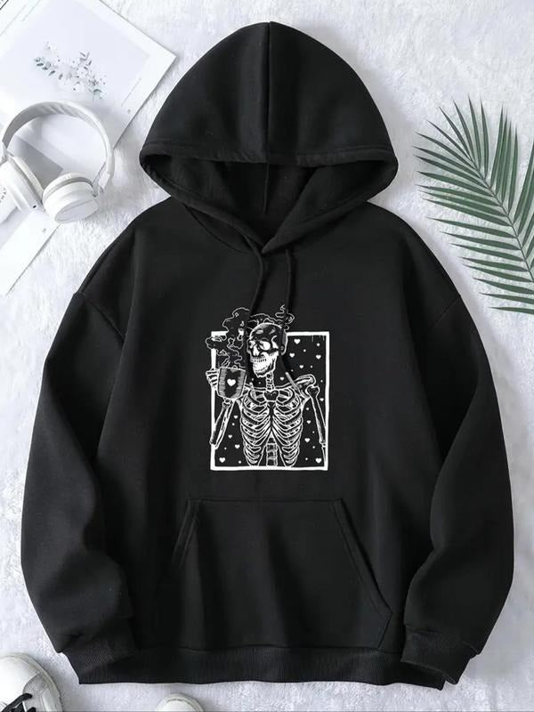 Women'WB shield Skull Print Drop Shoulder Fleece Hoodie, Fashion Casual Drawstring Pocket Hooded Sweatshirt for Daily...