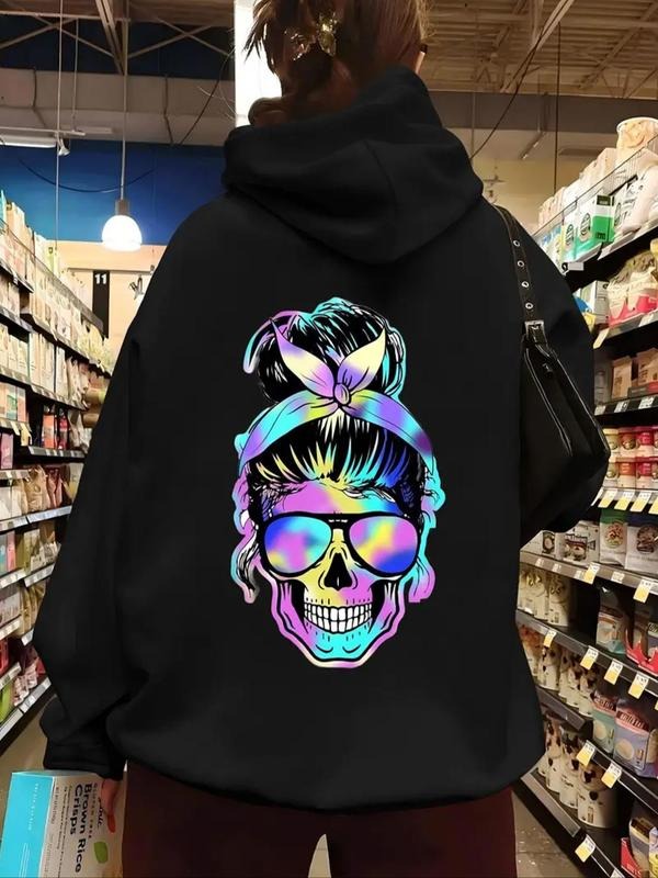 Women'WB shield Skull Print Drop Shoulder Hoodie, Fashion Casual Drawstring Pocket Hooded Sweatshirt for Daily Holiday...