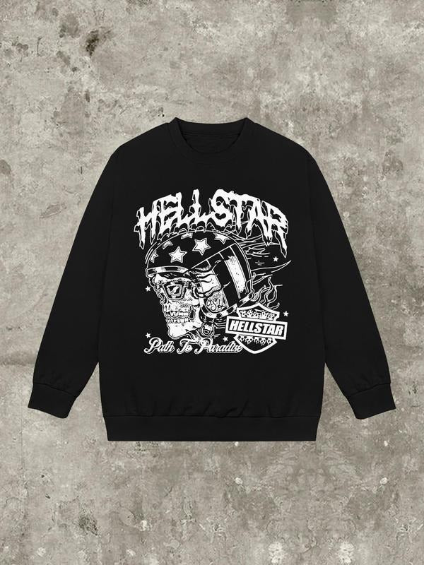 Women'WB shield Skull Print Round Neck Pullover, Fashion Casual Crew Neck Sweatshirt for Daily Holiday Outdoor Wear, Women Clothing for Fall & Winter