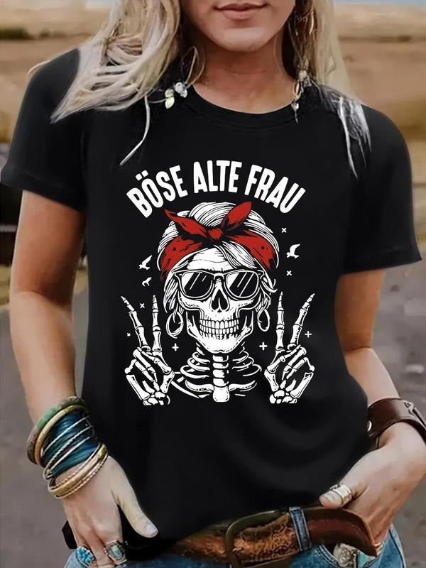 Women'WB shield Skull Print Round Neck Tee, Vintage Trendy Casual Short Sleeve T-shirt for Daily Wear, Ladies Summer,...