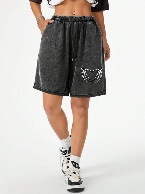 Women'WB shield Skull Print Shorts, Casual Comfy Frayed Trim Shorts for Daily Wear, Ladies Bottoms for Summer T-Shirts,...