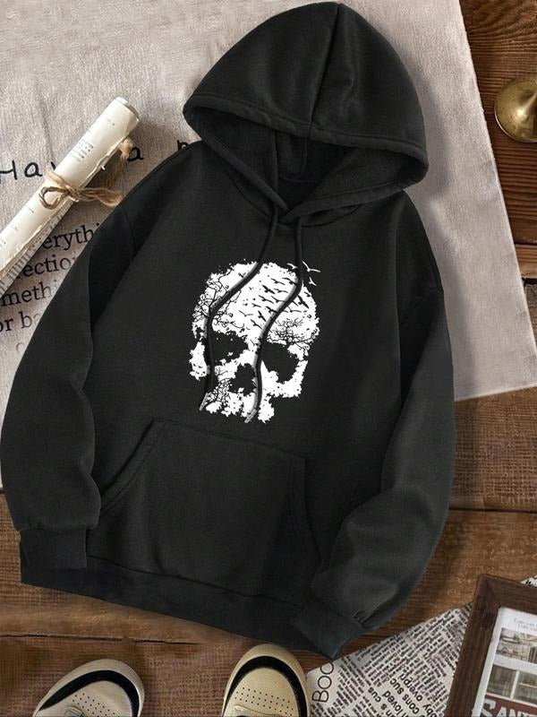 Women'WB shield Skull Print TNF Lined Drawstring Hoodie, Fashion Casual Halloween Pocket Hooded Sweatshirt for Daily...