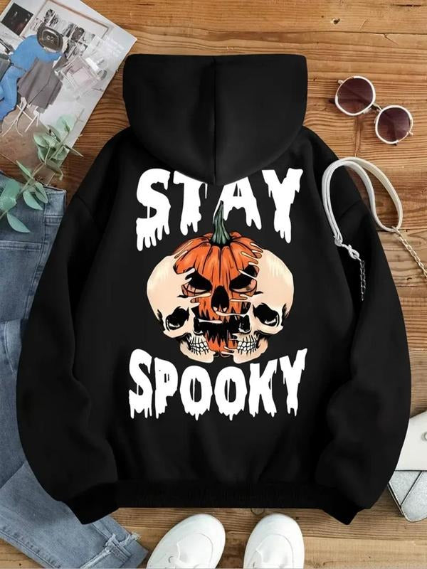 Women'WB shield Skull Pumpkin & Letter Print Drop Shoulder Hoodie, Fashion Casual Drawstring Pocket Hooded Sweatshirt for...