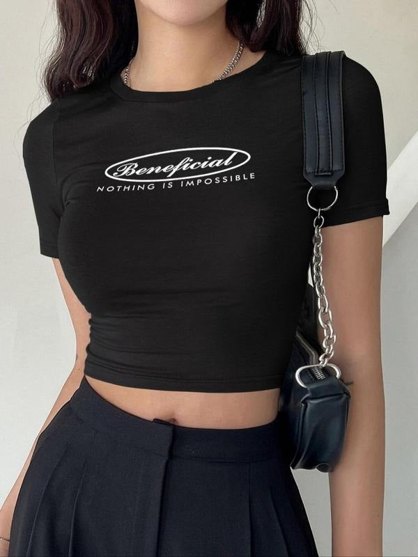 Women'WB shield Slogan Graphic Round Neck Crop Tee, Street Fashion Casual Short Sleeve T-Shirt for Daily Holiday Vacation Outdoor Wear, Ladies TNF for Summer