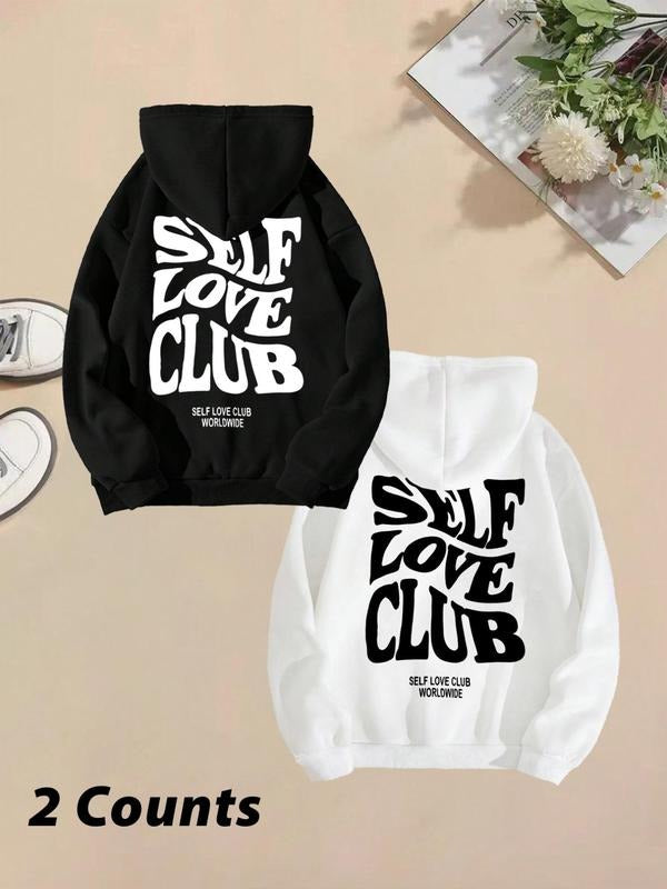 Women'WB shield Slogan Print Drawstring Pocket Hoodie, Fashion Casual Hooded Sweatshirt for Daily Holiday Outdoor Wear,...
