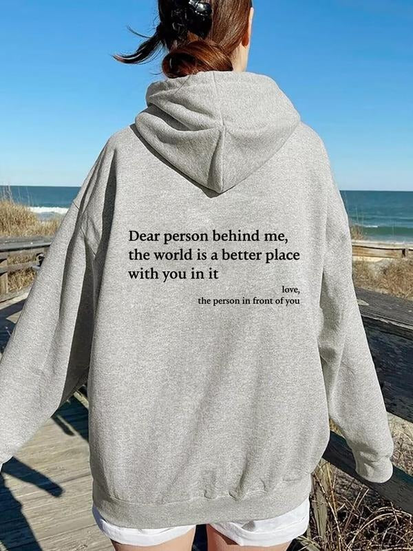 Women'WB shield Slogan Print Drop Shoulder Hoodie, Drawstring Pocket Hooded Sweatshirt for Daily Holiday Outdoor Wear,...