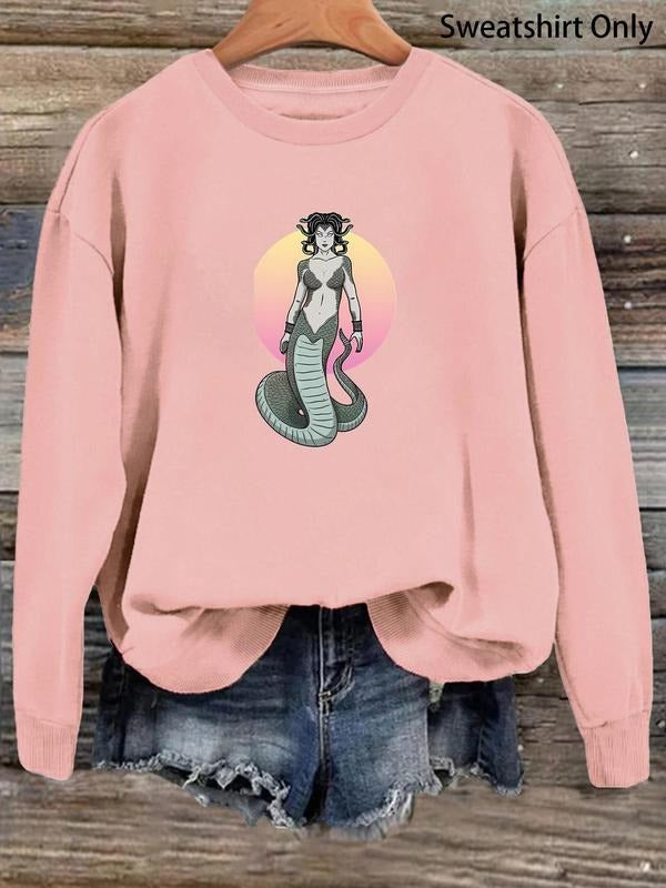 Women'WB shield Snake Figure Print Drop Shoulder Sweatshirt, Casual Long Sleeve Round Neck Pullover for Fall & Winter,...