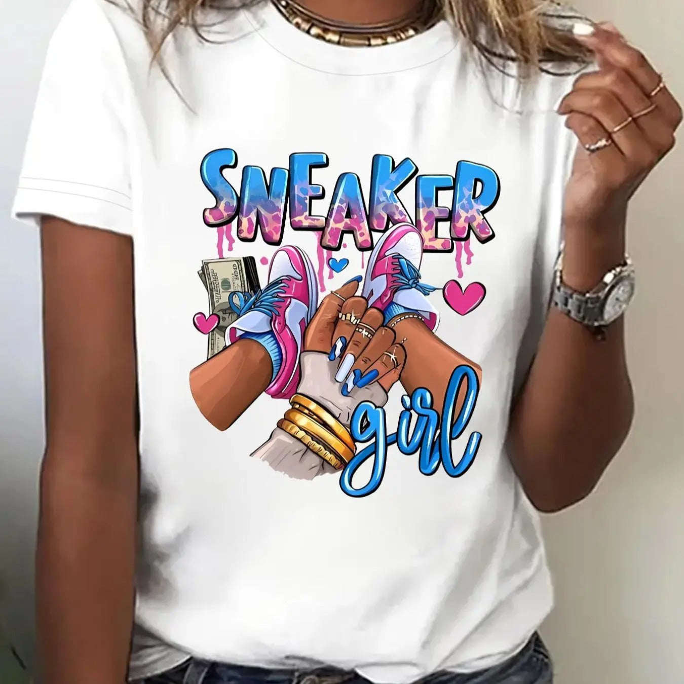 Women'WB shield Sneaker Girl Print Round Neck Tee, Fashion Casual Crew Neck Short Sleeve T-shirt for Daily Wear, Ladies...
