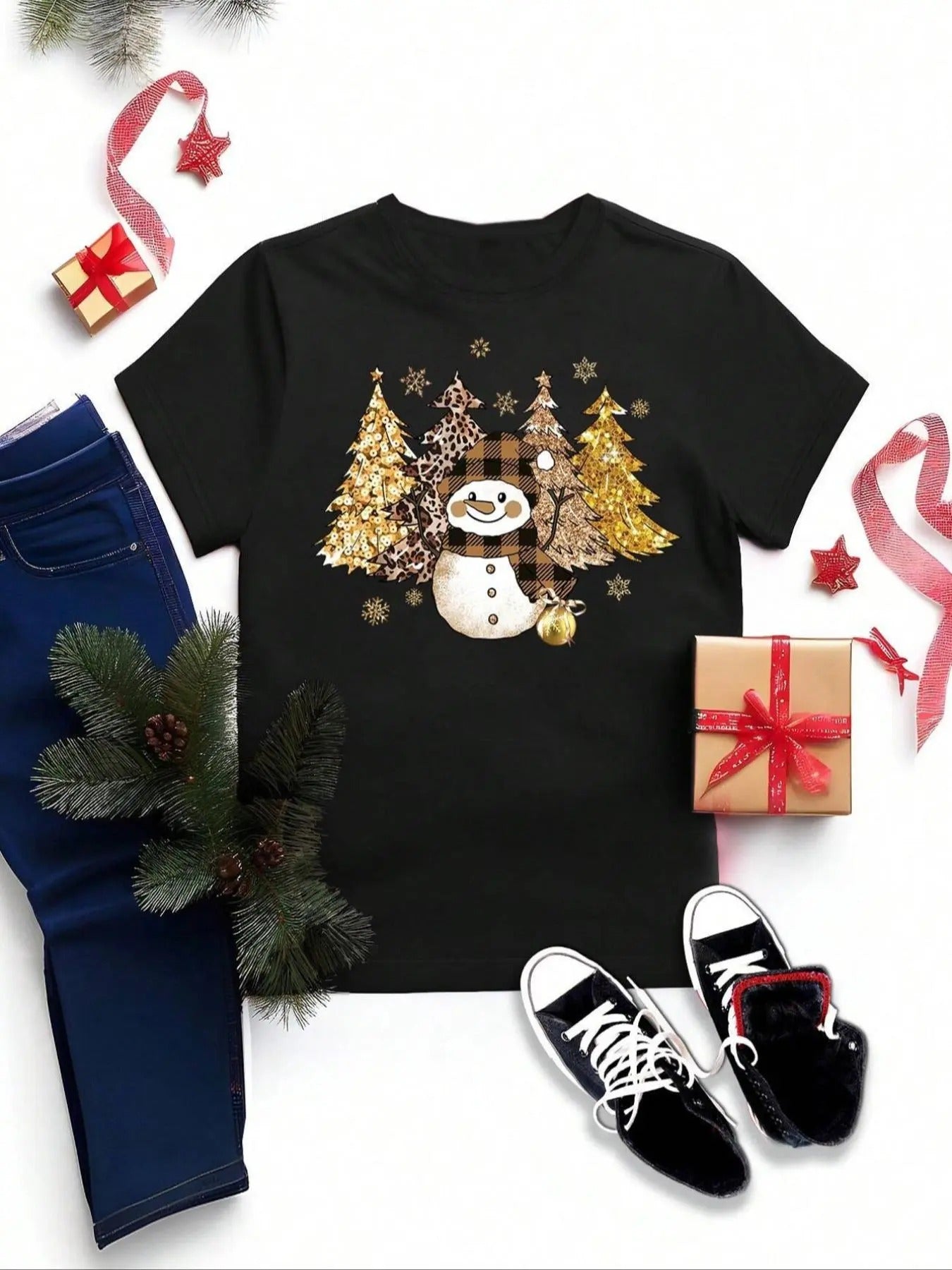 Women'WB shield Snowman & Tree Print Round Neck Tee, Casual Short Sleeve Crew Neck T-shirt for Summer, Fashion Women'WB...