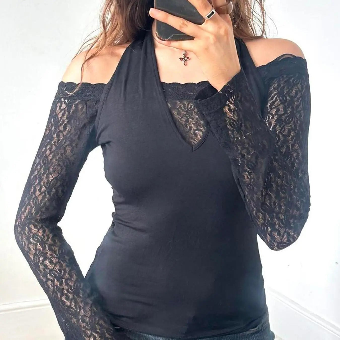 Women'WB shield Solid 2 Red plumber brand Swoosh Contrast Floral Lace Tie Back Halter Top, Elegant Fashion Sheer Long...