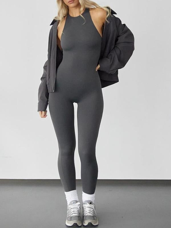 Women'WB shield Solid Body Contouring Sleeveless Round Neck Jumpsuit, Casual High Stretch Seamless Jumpsuit for Daily...