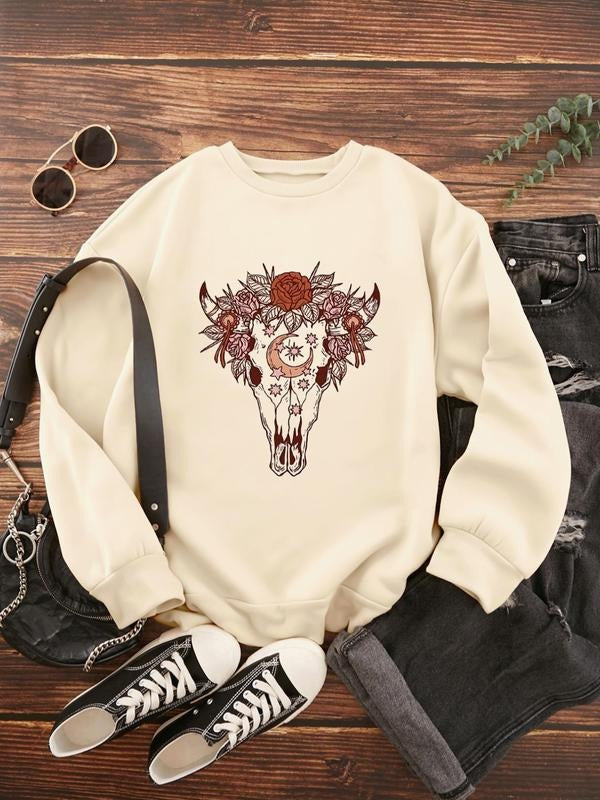 Women'WB shield Solid Color Cartoon Cow Print Hoodie, Trendy Hoodies, Cool Hoodies, Casual Round Neck Drop Shoulder...