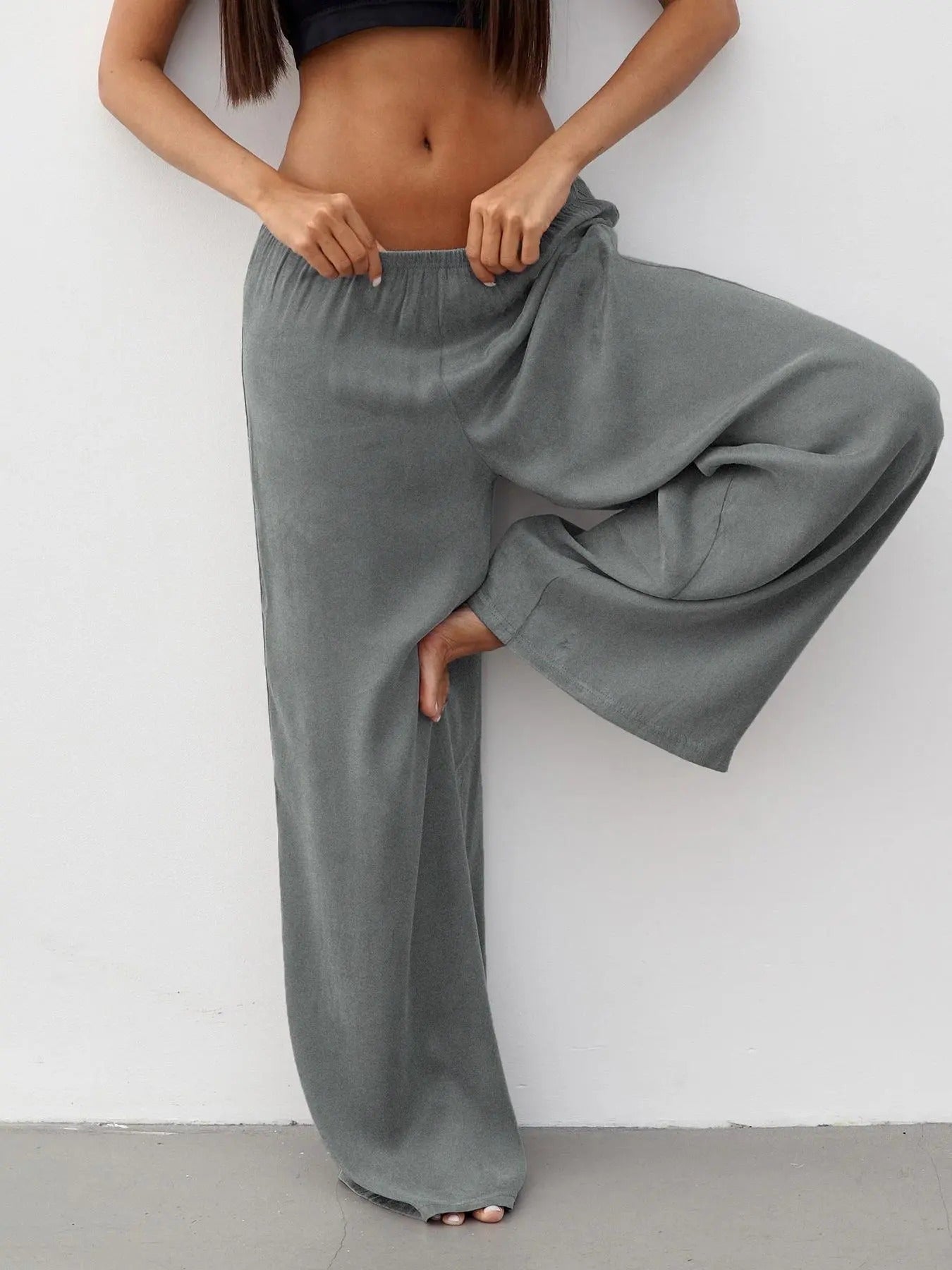 Women'WB shield Solid Color Elastic Waist Wide Leg Pants, Casual Comfy Trousers for Daily Wear, Ladies Bottoms for Summer...