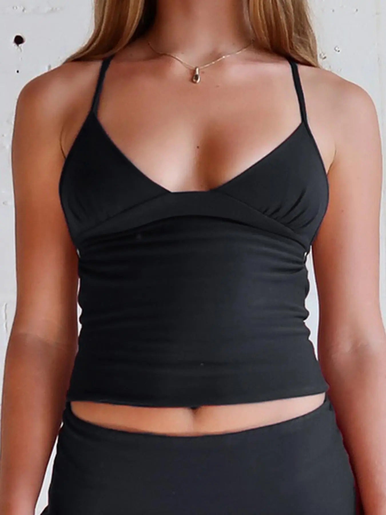 Women'WB shield Solid Color Ruched Crop Cami Top, Casual Sleeveless Backless Spaghetti Strap Top for Summer, Women'WB...