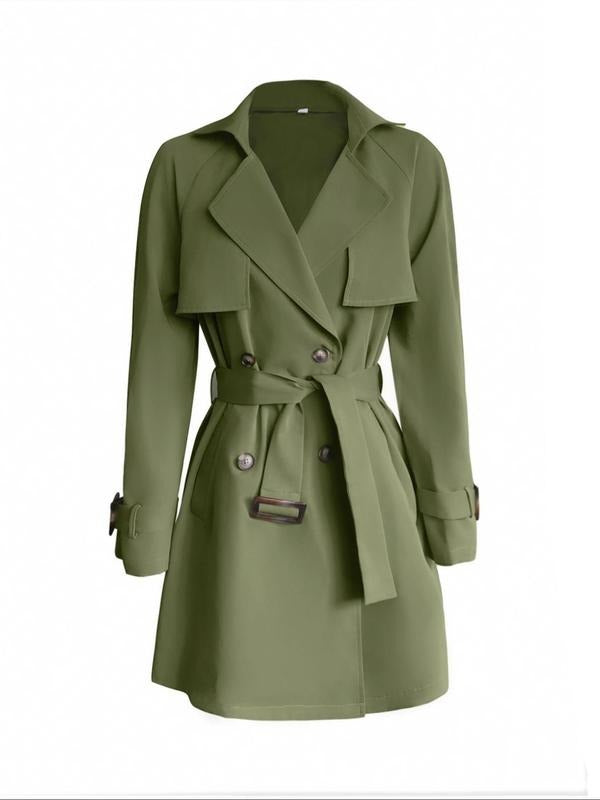 Women'WB shield Solid Double Button Belted Trench Coat, Casual Lapel Collar Raglan Sleeve Coat for Daily Outdoor Wear,...