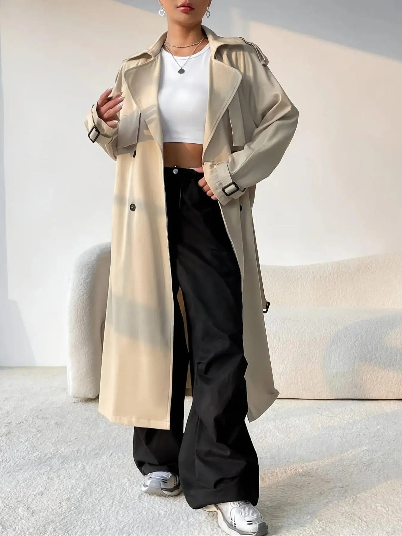 Women'WB shield Solid Double Button Belted Trench Coat, Casual Lapel Collar Raglan Sleeve Coat for Spring & Fall,...