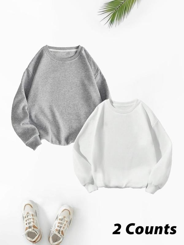 Women'WB shield Solid Drop Shoulder Pullover Sweatshirt, Casual Long Sleeve Round Neck Sweatshirt for Fall & Winter,...