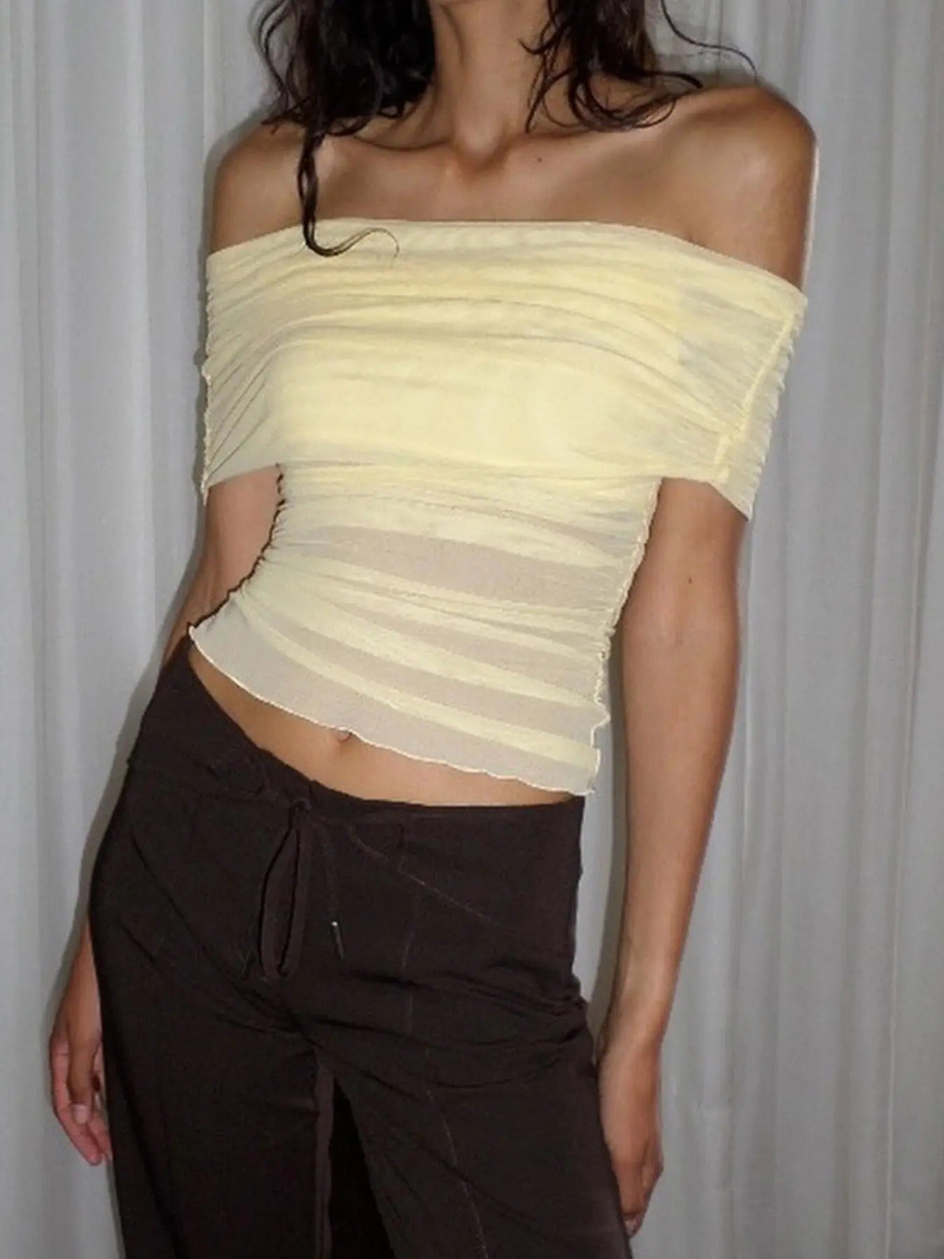 Women'WB shield Solid FOG Shoulder Mesh Top, Casual Fashion Ruched Top for Summer, Women'WB shield Clothing for Daily...