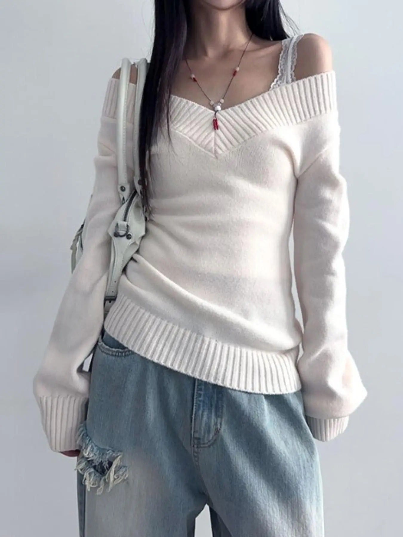 Women'WB shield Solid FOG Shoulder Sweater, Casual Long Sleeve Jumper for Fall & Winter, Fashion Ladies' Knitwear for...