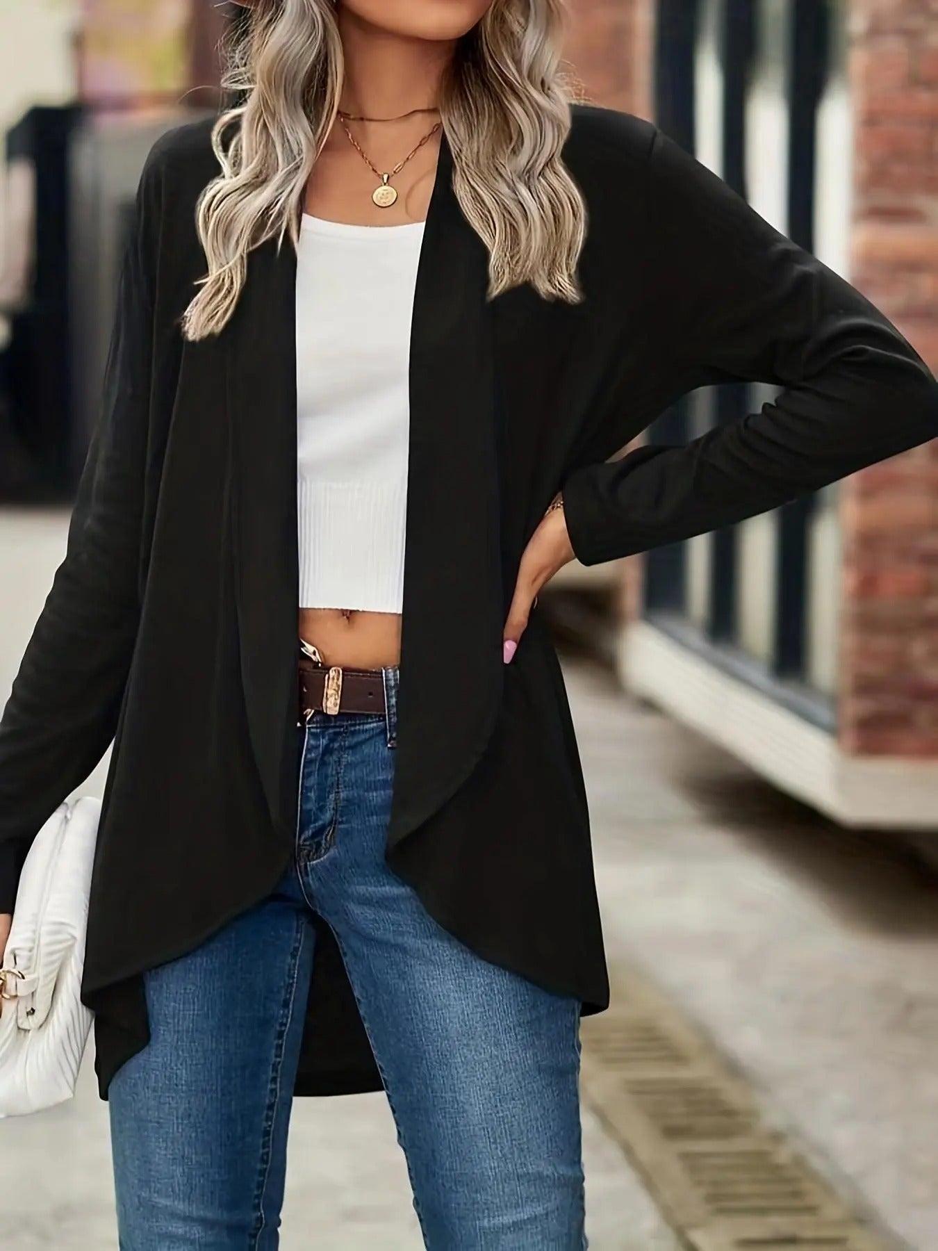 Women'WB shield Solid High Low Long Sleeve Cardigan, Casual Long Sleeve Open Front Knitwear for Spring & Fall, Women'WB...
