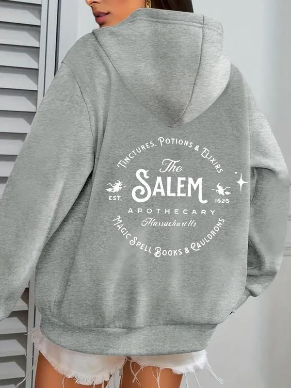 Women'WB shield Solid Letter Print Drop Shoulder Drawstring Hoodie, Fashion Casual Long Sleeve Pocket Hooded Sweatshirt...